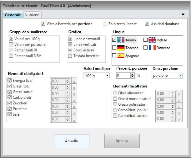 Configurazione tabella nutrizionale testuale