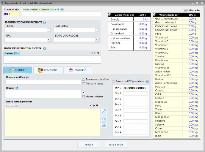 Anagrafica ingrediente